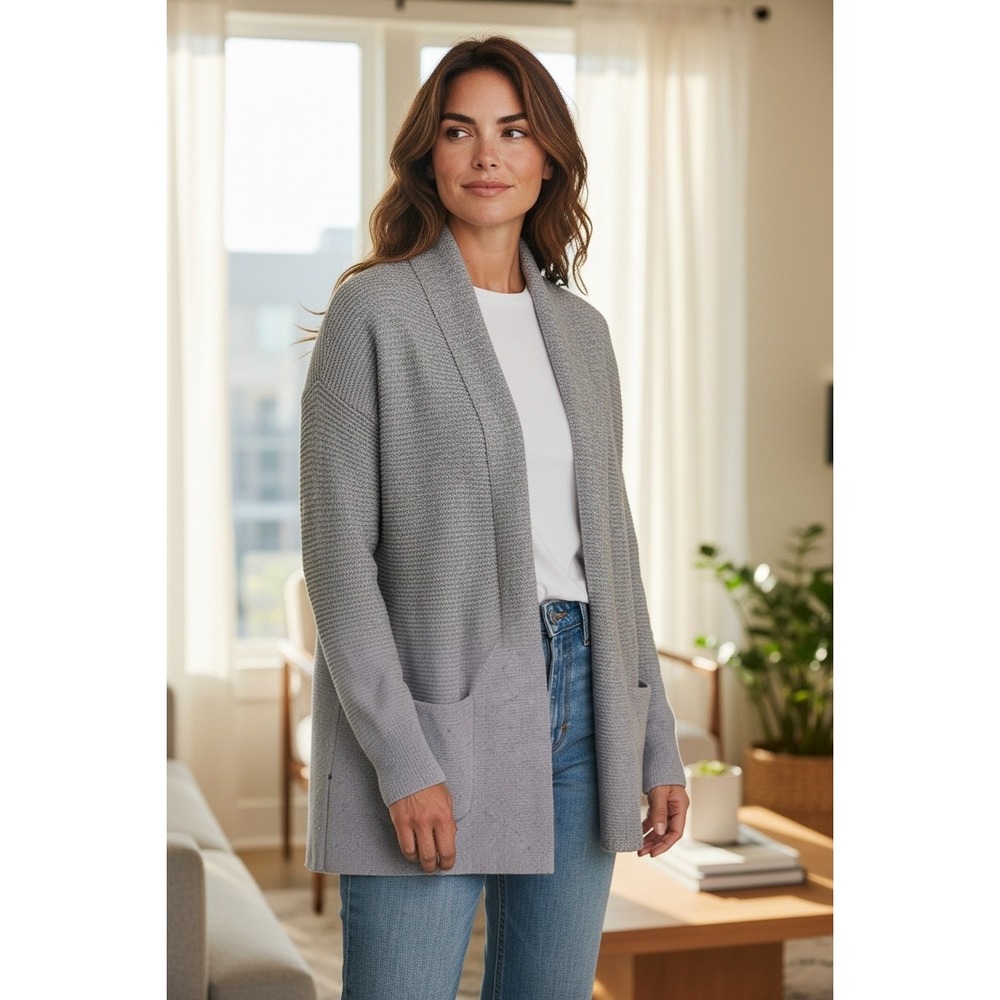Loft Ann Taylor Grey Wool Blend Shawl Collar Open Front Cardigan Sweater M